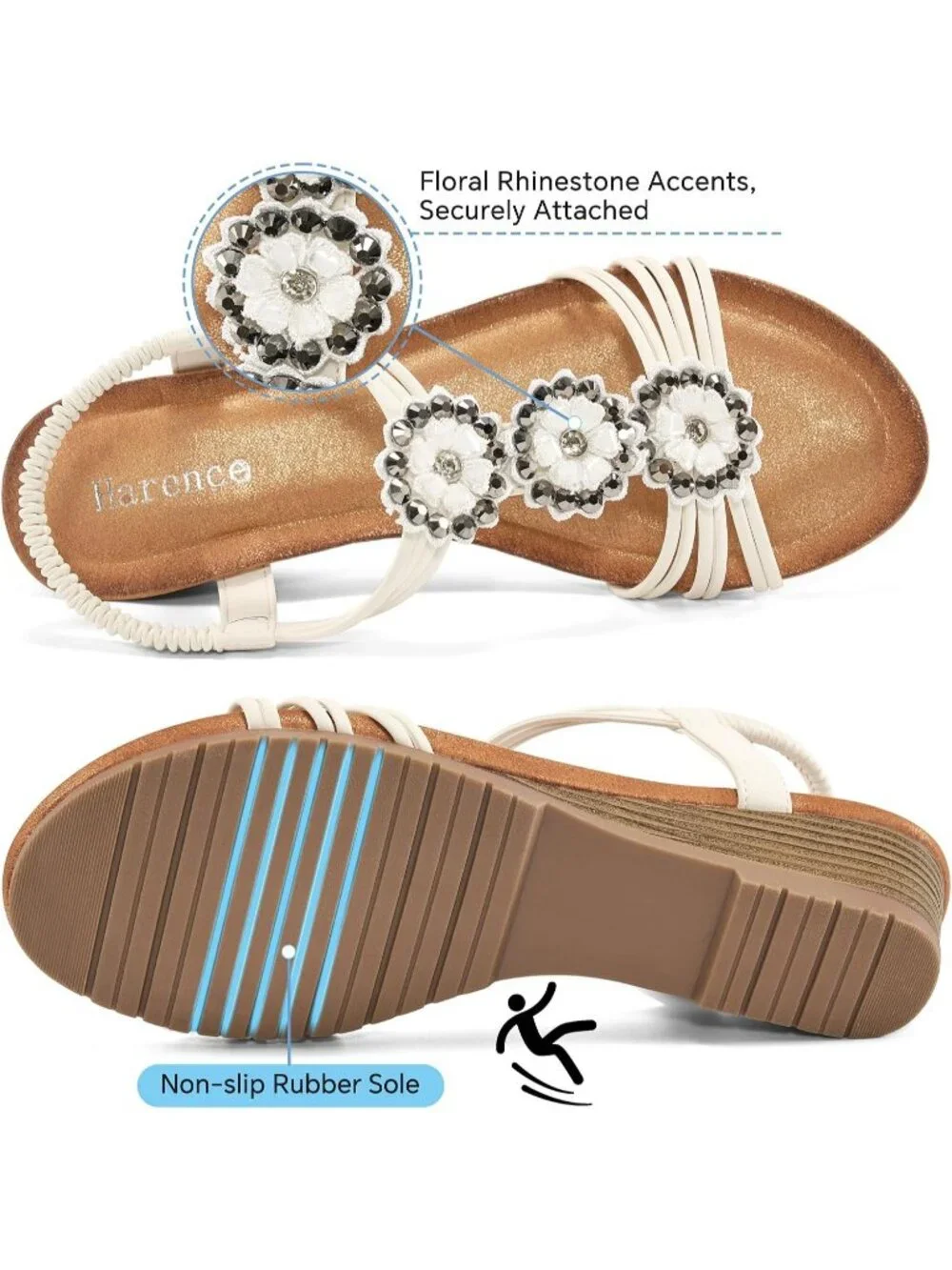 Women's White Floral Rhinestone Elastic Slingback Low Wedge Heel Sandals Shoes